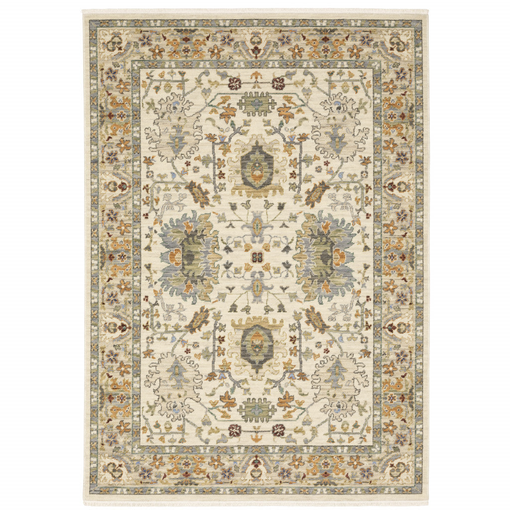 10' X 13' Ivory Oriental Power Loom Stain Resistant Area Rug With Fringe-1