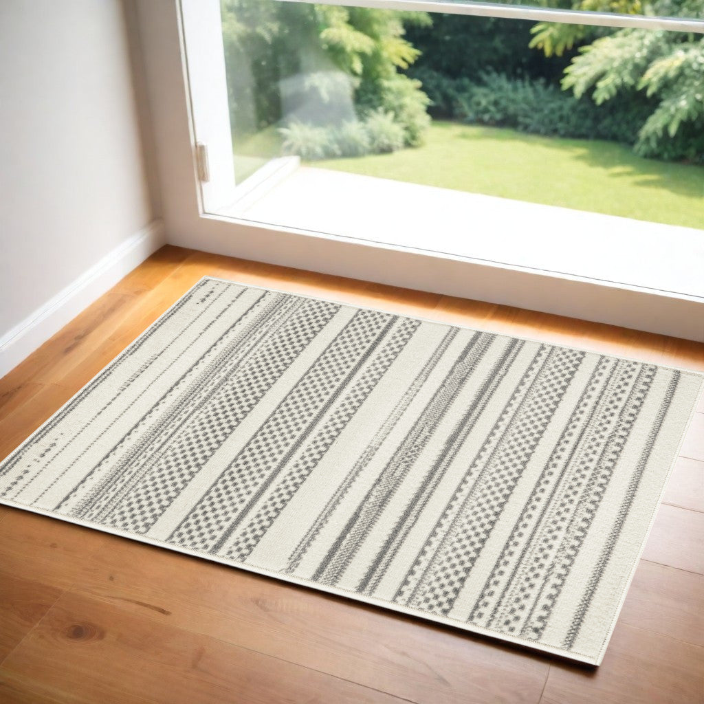 2' X 4' Gray and Ivory Striped Power Loom Distressed Area Rug-1