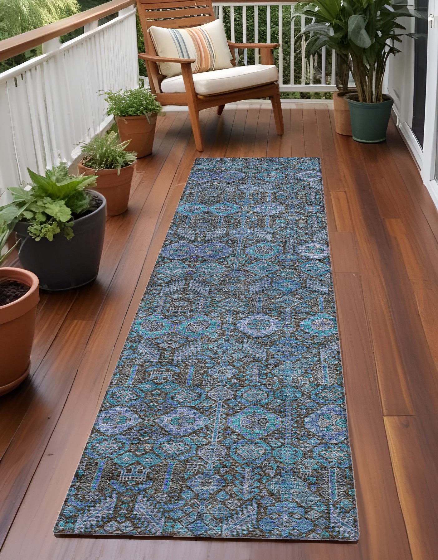 8' Runner Blue and Coffee Floral Washable Non Skid Indoor Outdoor Runner Rug-0