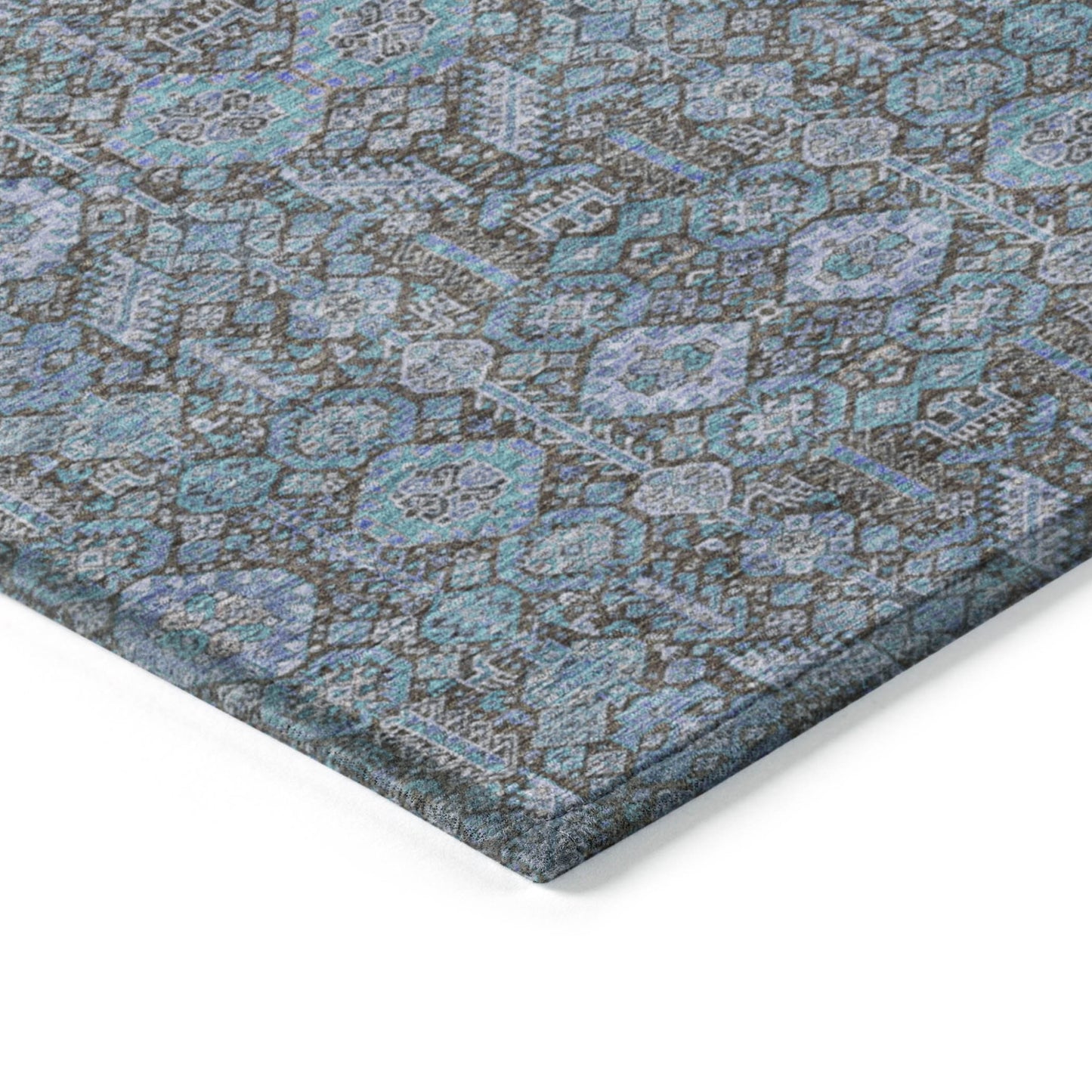 8' Runner Blue and Coffee Floral Washable Non Skid Indoor Outdoor Runner Rug-6
