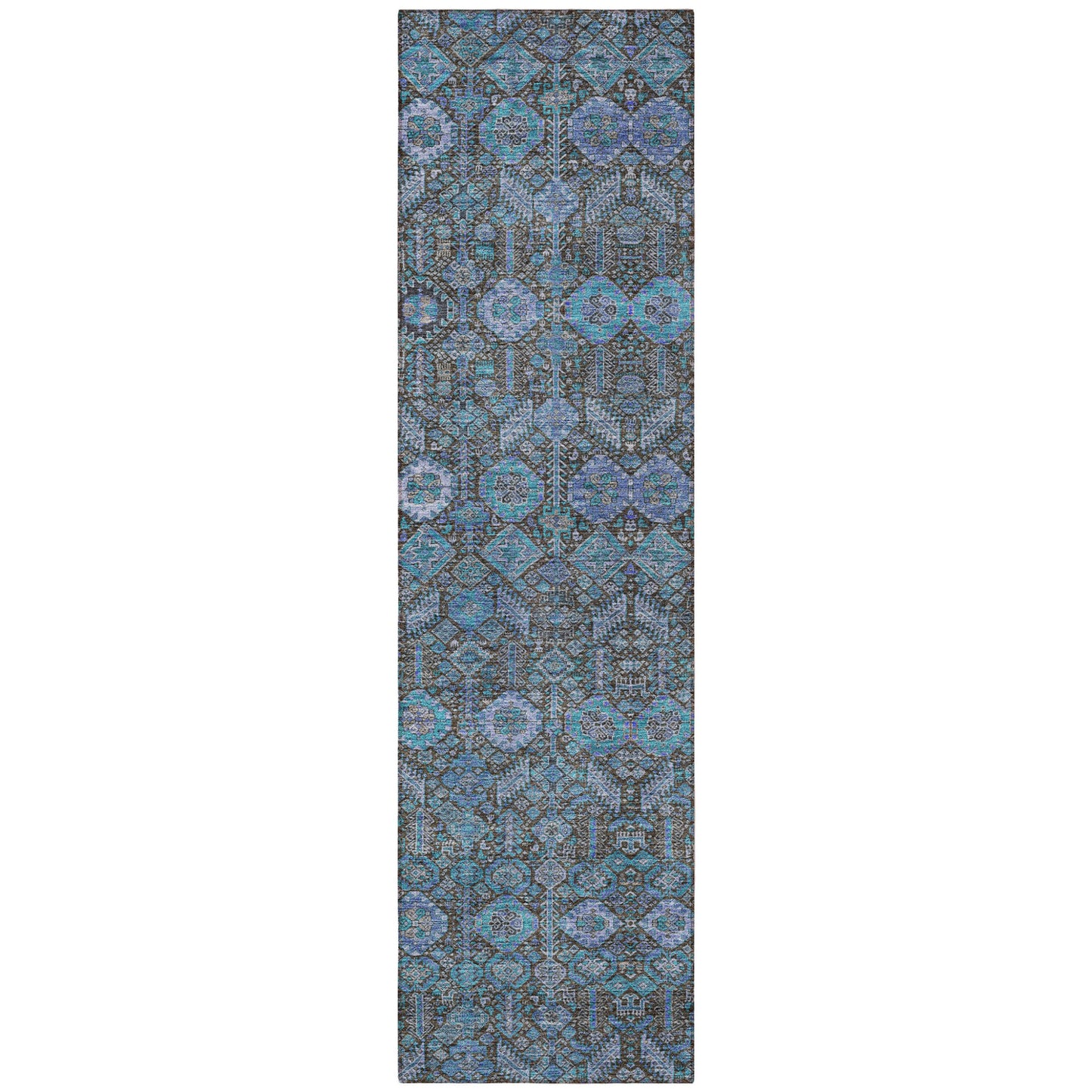 8' Runner Blue and Coffee Floral Washable Non Skid Indoor Outdoor Runner Rug-3