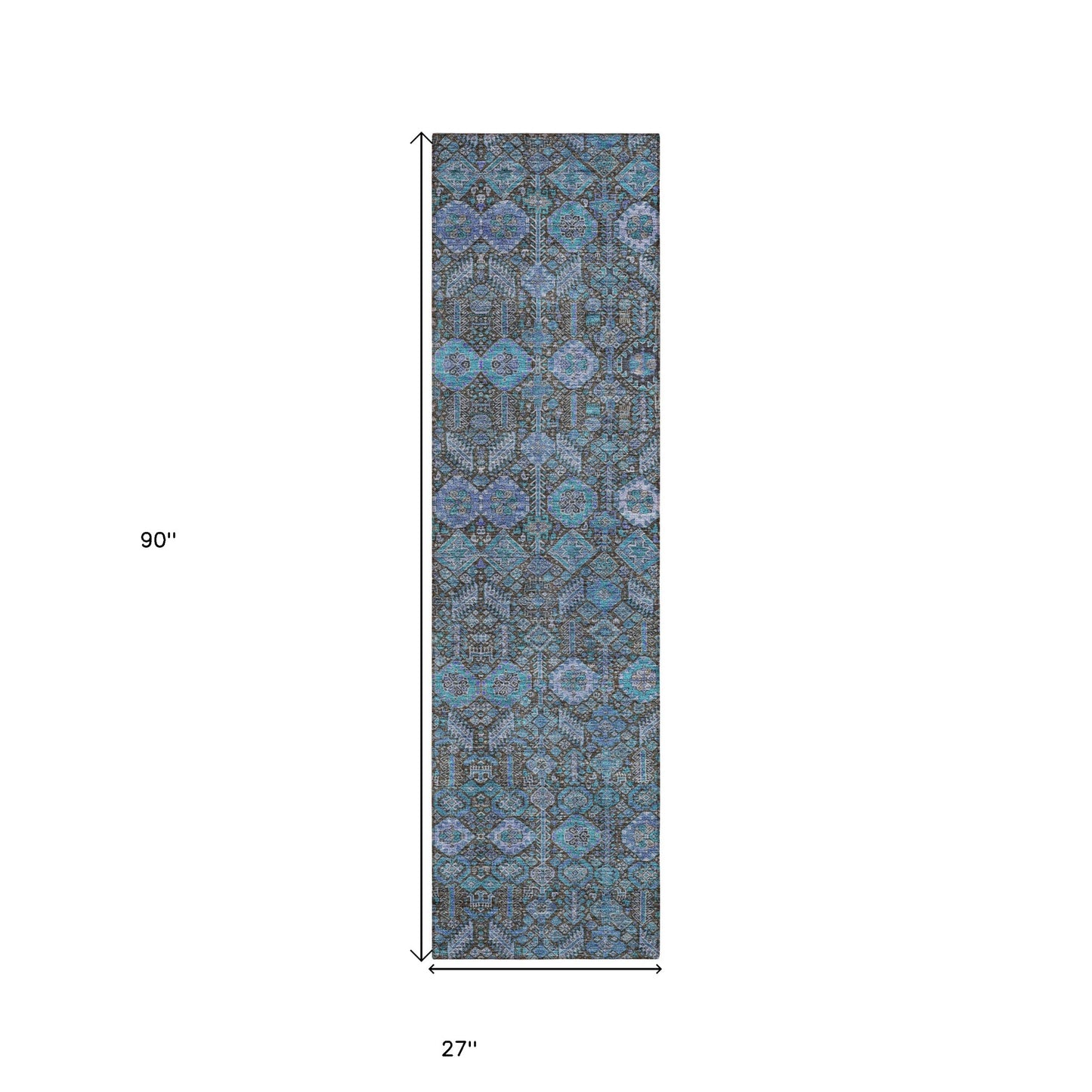 8' Runner Blue and Coffee Floral Washable Non Skid Indoor Outdoor Runner Rug-2