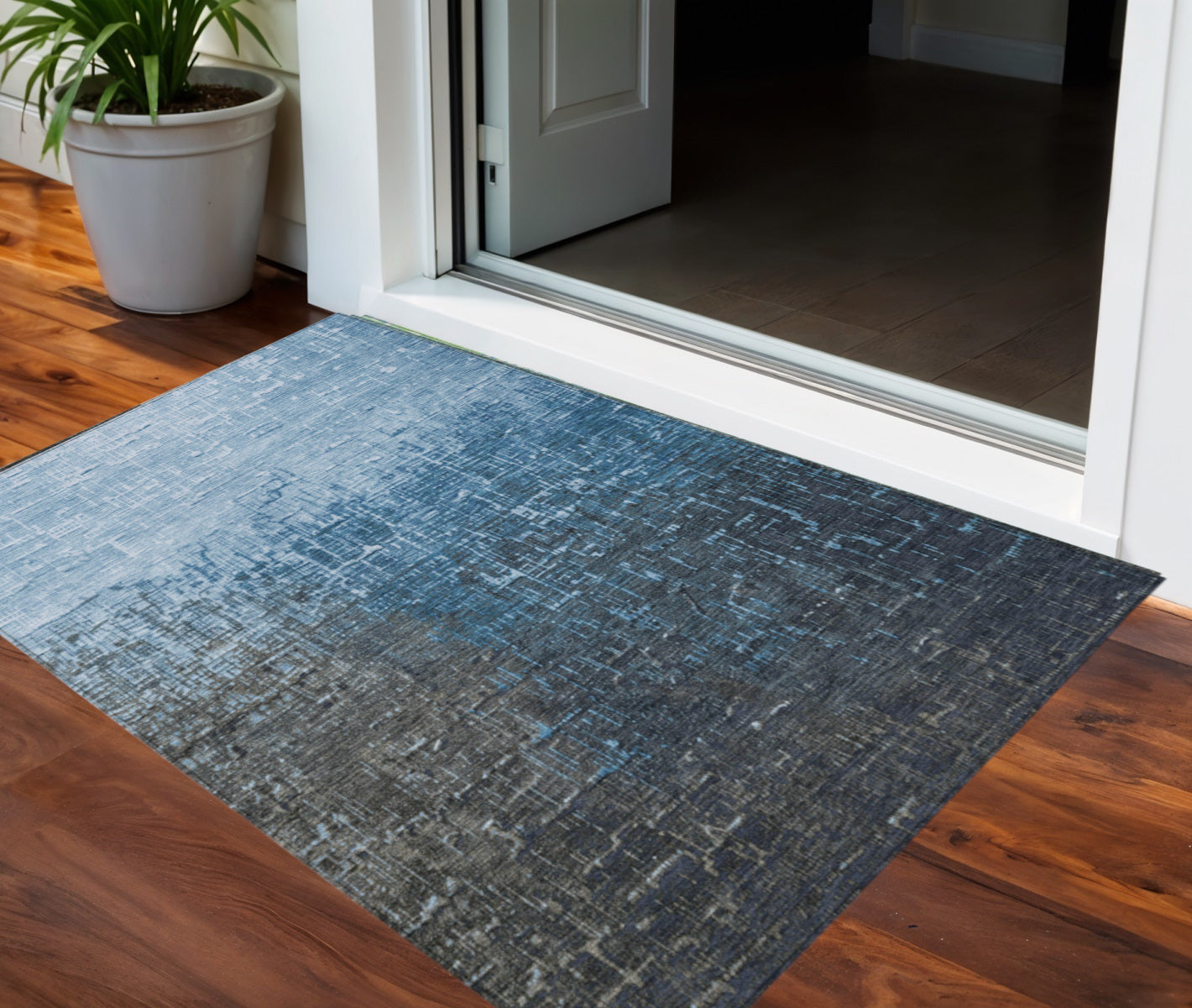 3' X 5' Blue And Dark Gray Ombre Washable Indoor Outdoor Area Rug-0