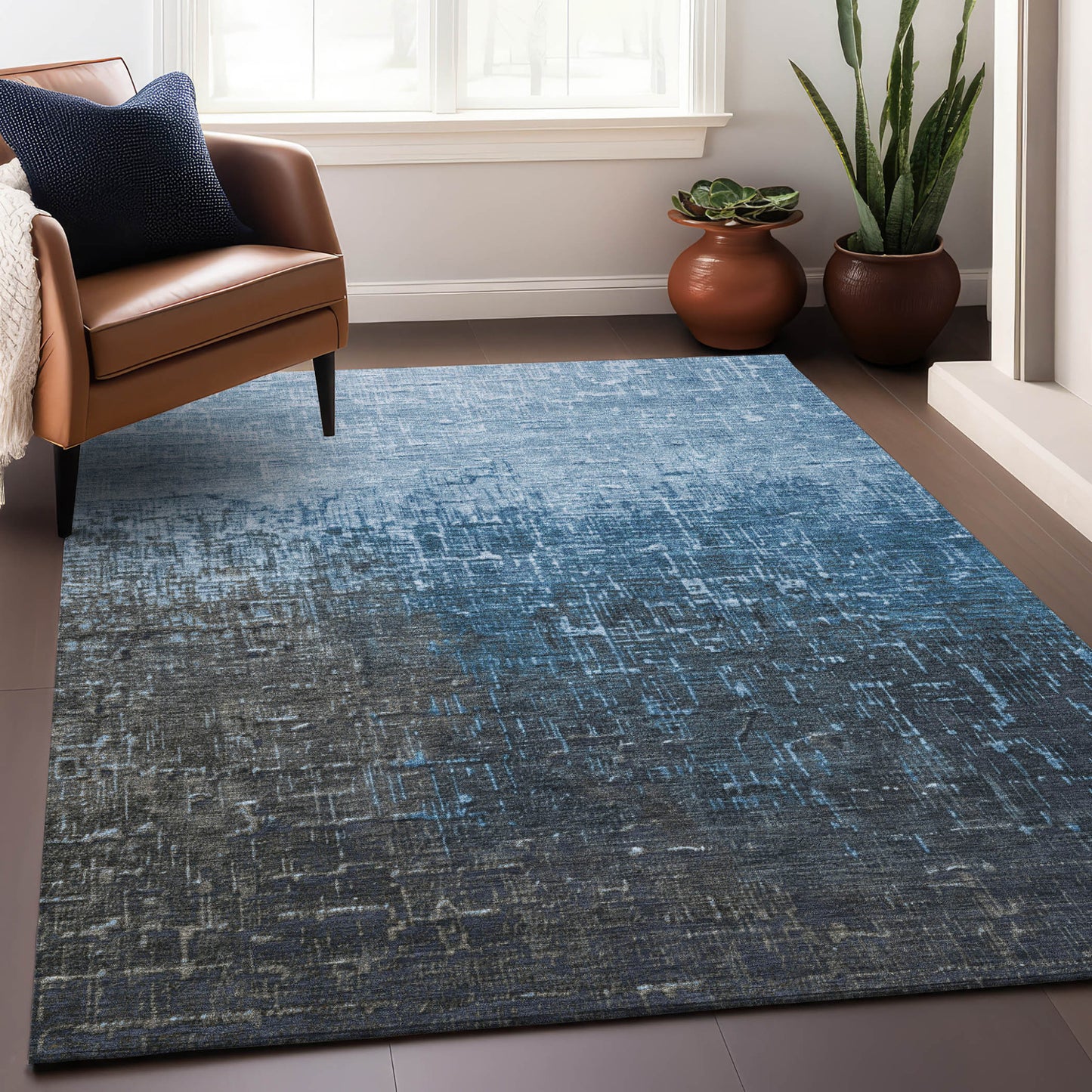3' X 5' Blue And Dark Gray Ombre Washable Indoor Outdoor Area Rug-7