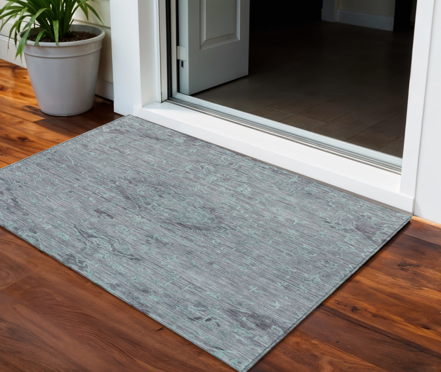 3' X 5' Teal Blue And Gray Floral Washable Indoor Outdoor Area Rug-0