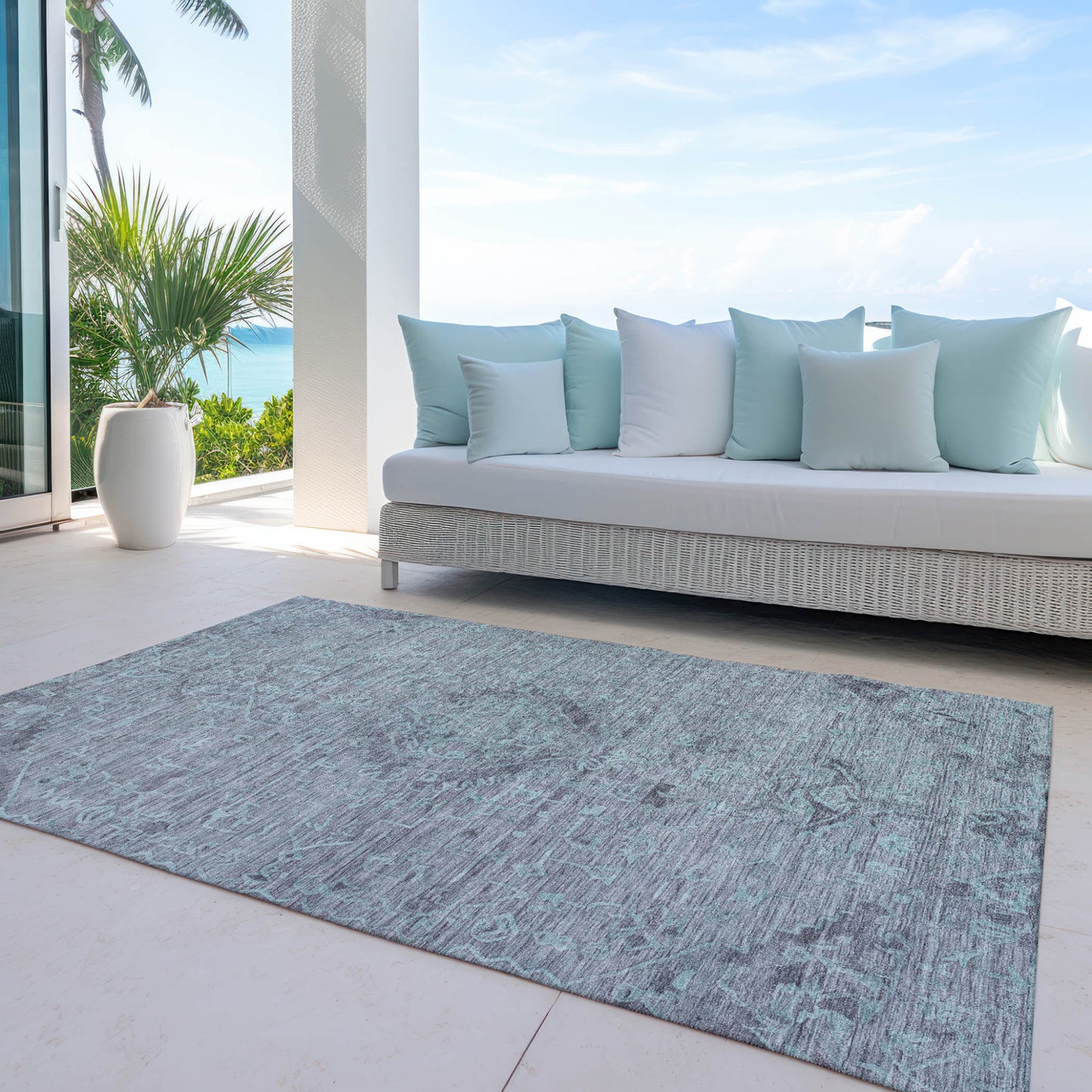 3' X 5' Teal Blue And Gray Floral Washable Indoor Outdoor Area Rug-6