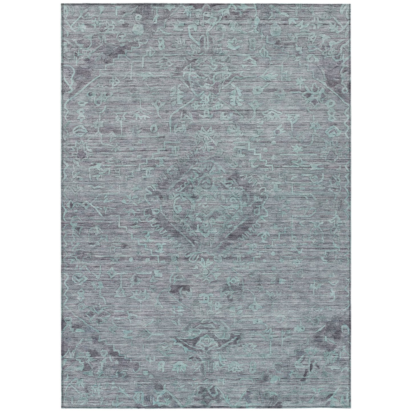 3' X 5' Teal Blue And Gray Floral Washable Indoor Outdoor Area Rug-1