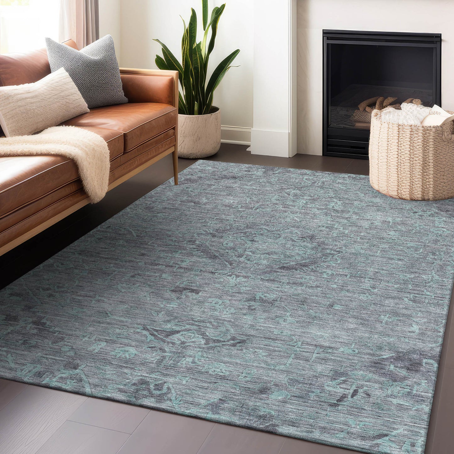 3' X 5' Teal Blue And Gray Floral Washable Indoor Outdoor Area Rug-7