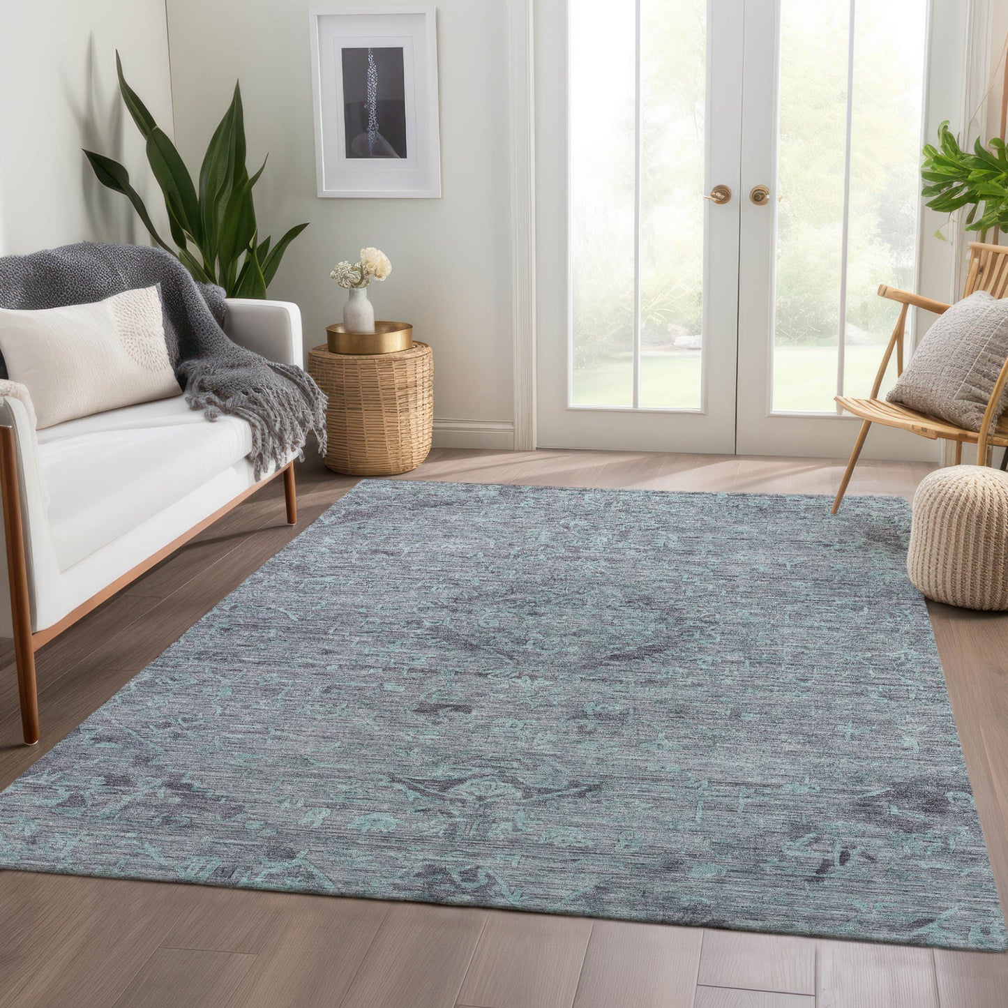 3' X 5' Teal Blue And Gray Floral Washable Indoor Outdoor Area Rug-8