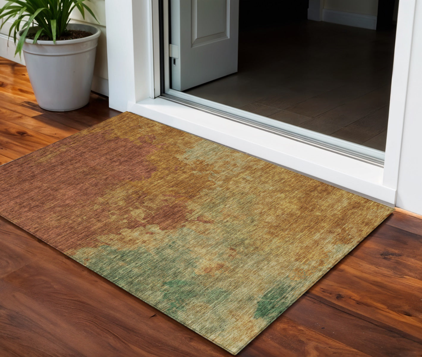 3' X 5' Terra Cotta Copper And Green Abstract Washable Indoor Outdoor Area Rug-0
