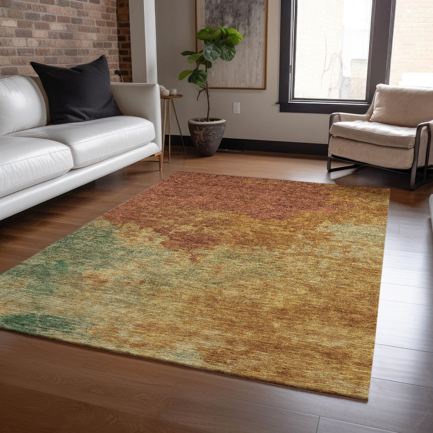 3' X 5' Terra Cotta Copper And Green Abstract Washable Indoor Outdoor Area Rug-7