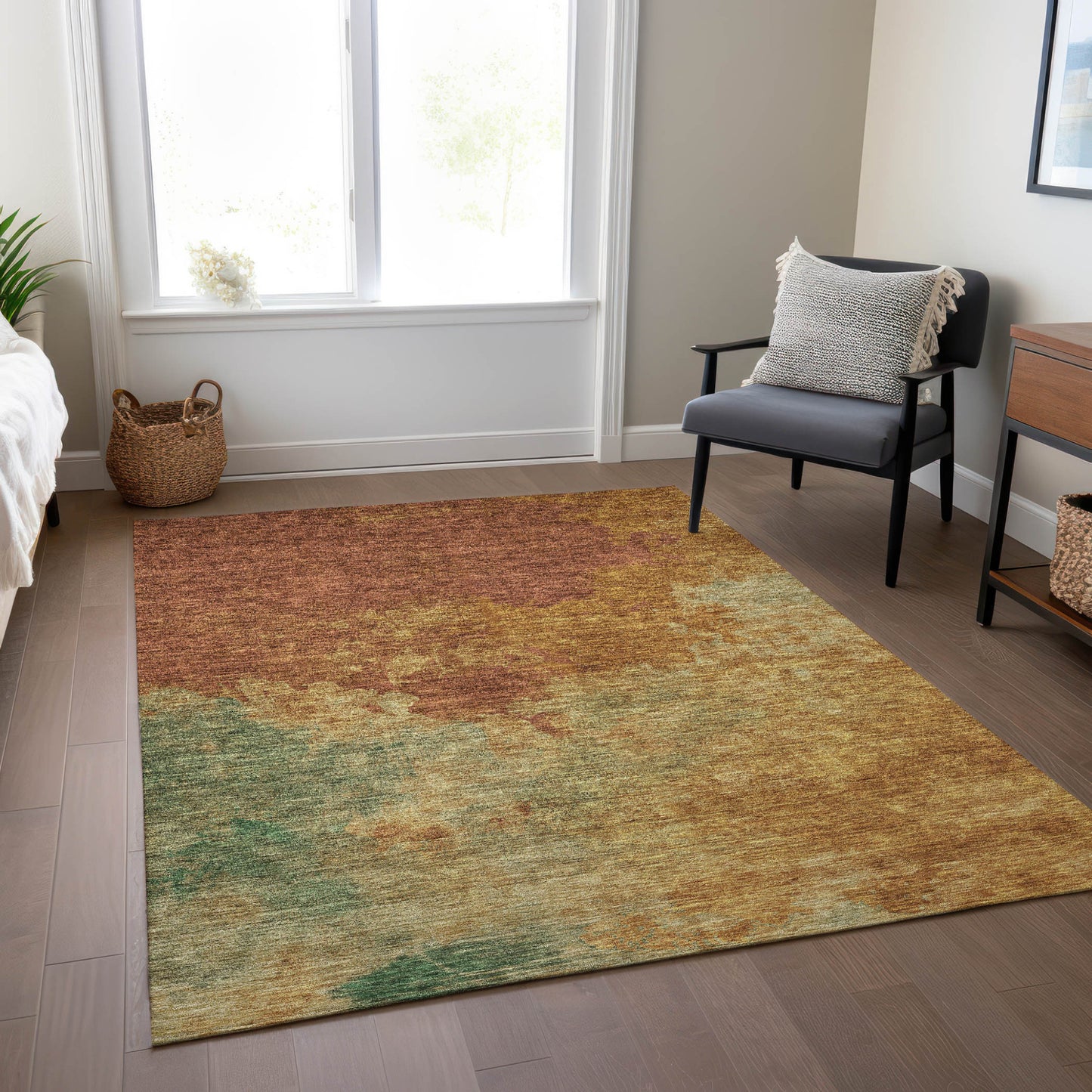 3' X 5' Terra Cotta Copper And Green Abstract Washable Indoor Outdoor Area Rug-8