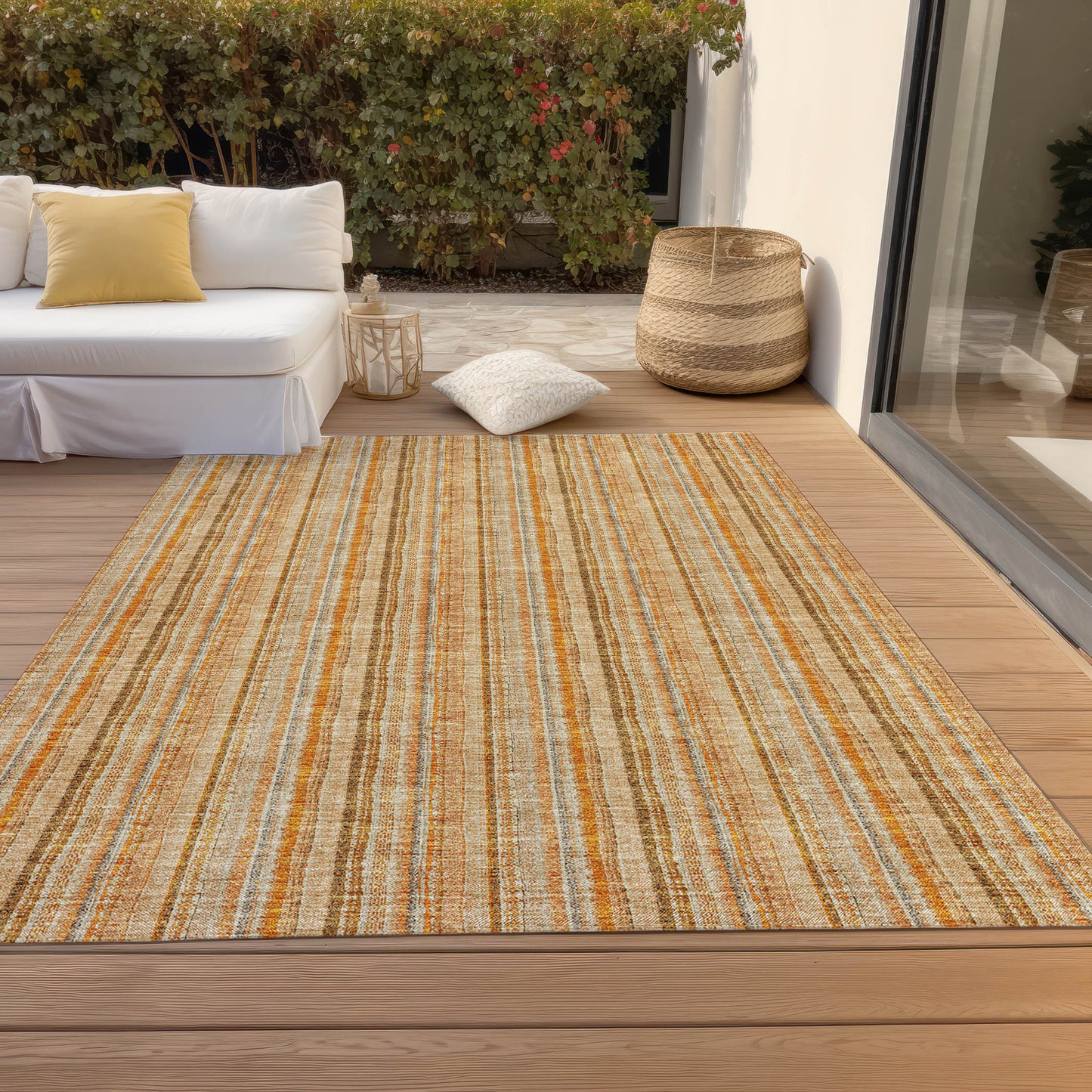 3' X 5' Peach Orange And Rust Striped Washable Indoor Outdoor Area Rug-7