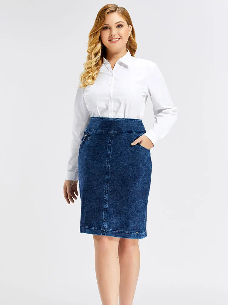 Plus Size High Waist Denim A-Line Skirt – Blue