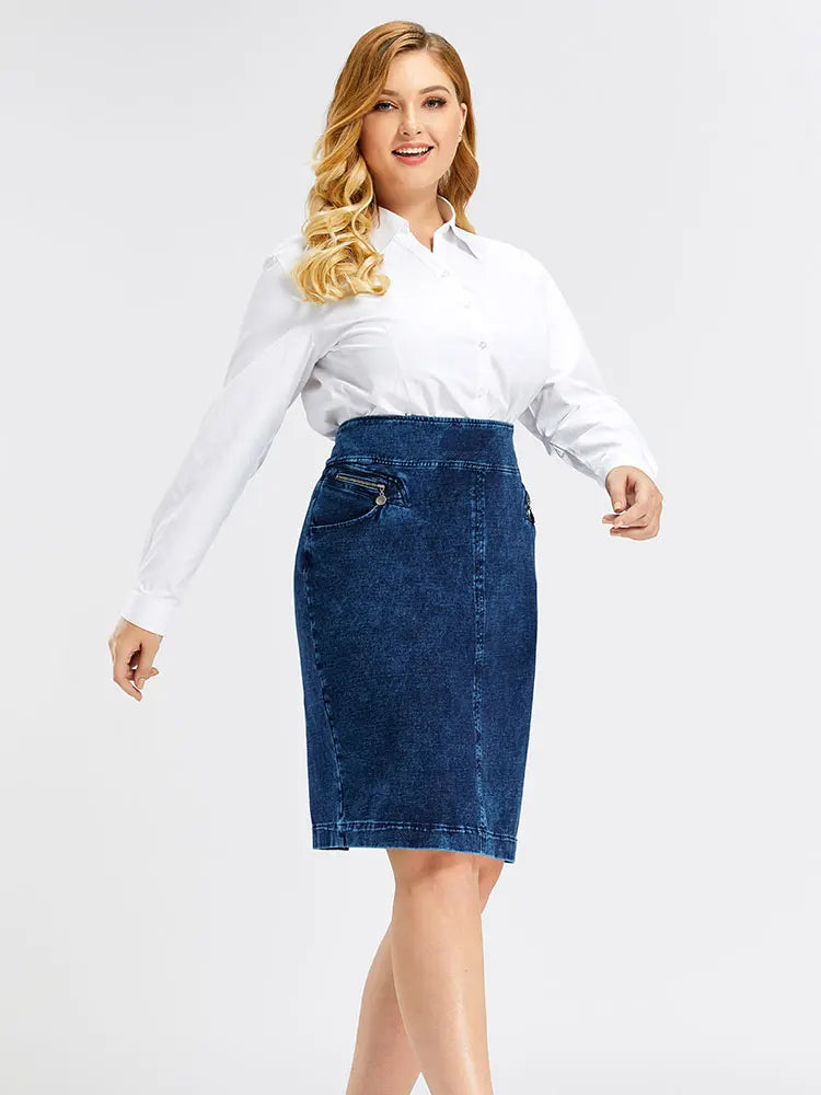 Plus Size High Waist Denim A-Line Skirt – Blue