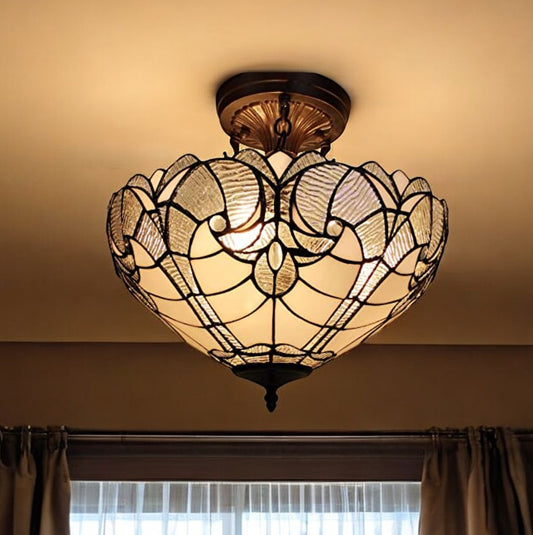 Yellow and Brown Two Light Tiffany Style Semi Flush Dimmable Ceiling Light-0