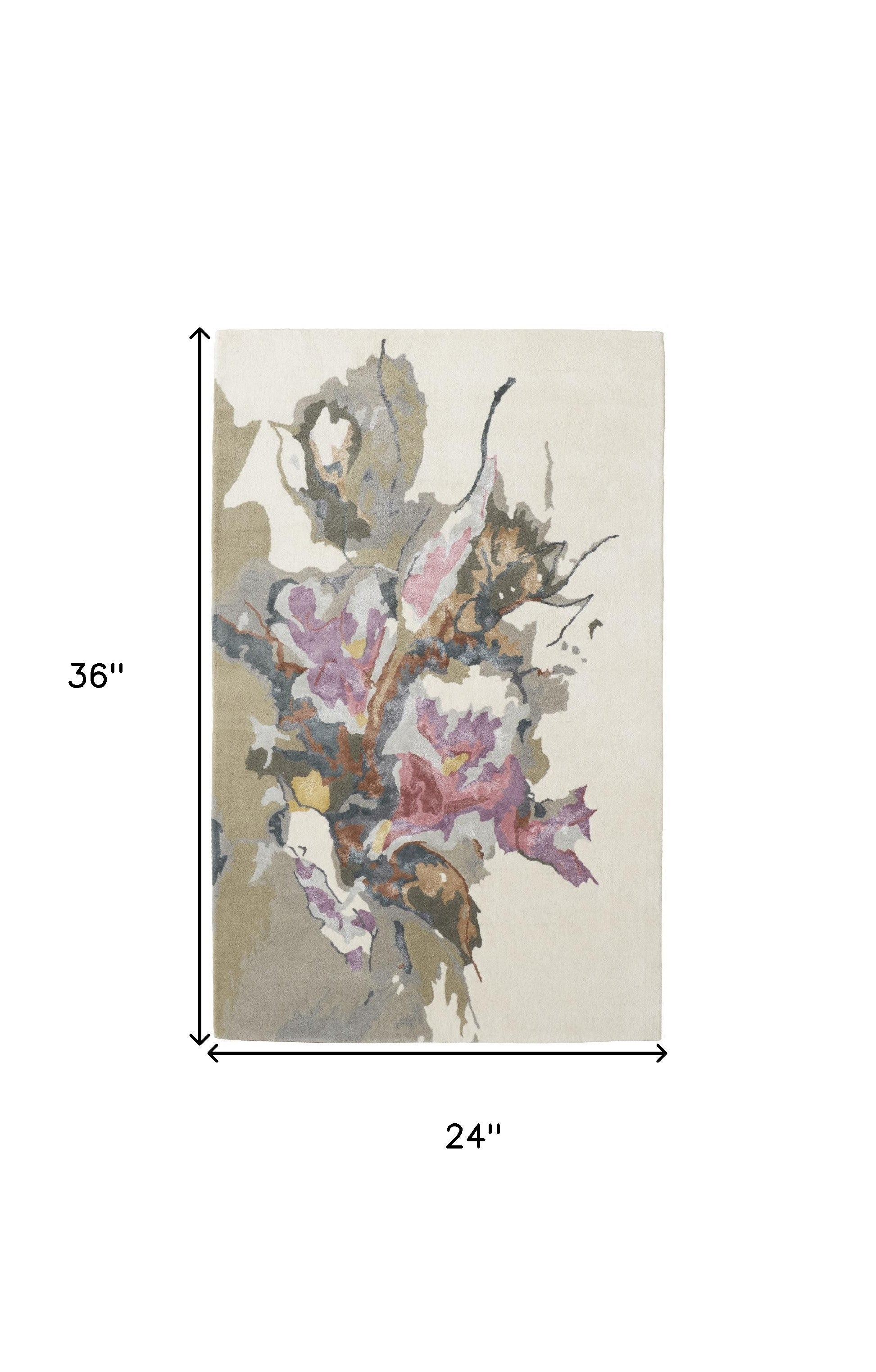 2' X 3' Pink and Green Wool Floral Hand Tufted Area Rug-2