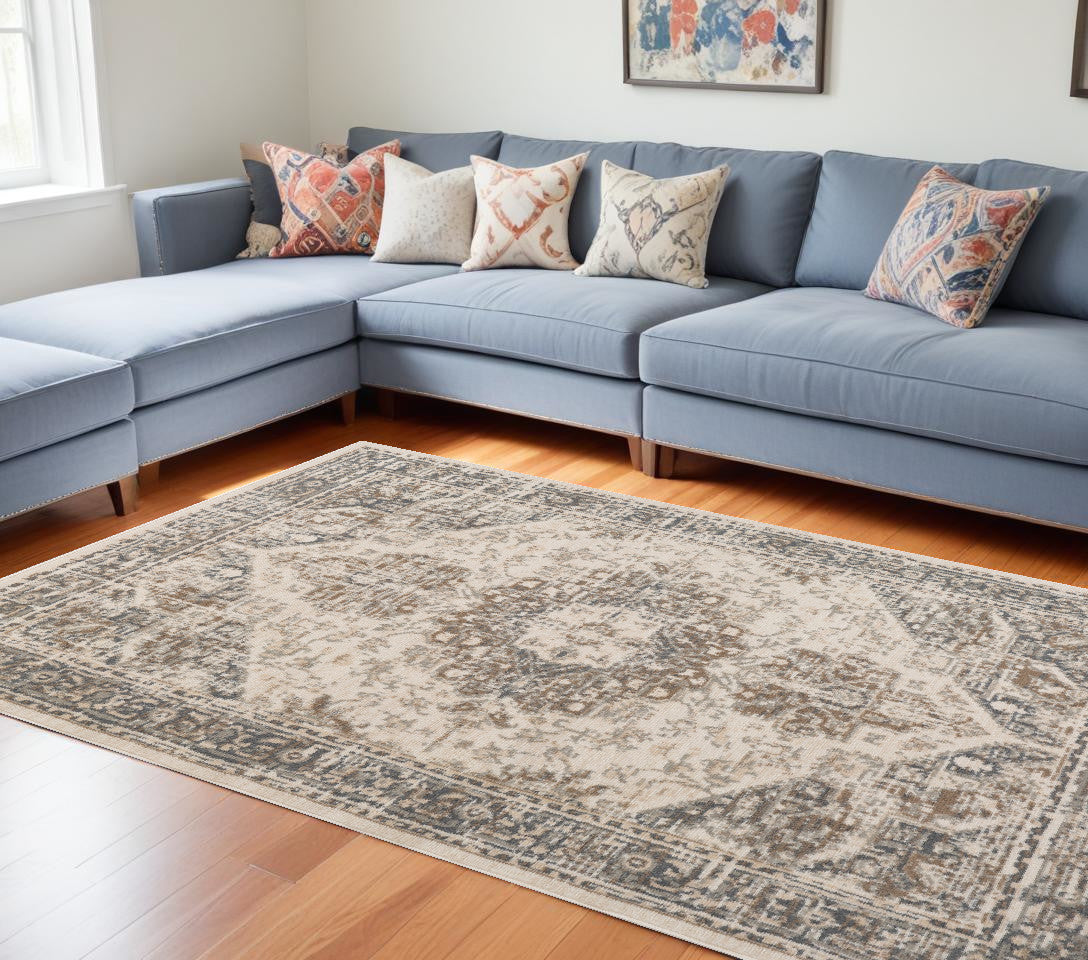 9' X 12' Gray And Beige Medallion Area Rug-0