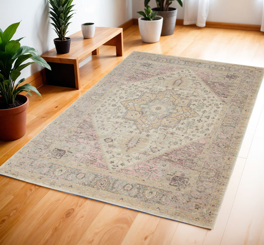 4' X 6' Ivory Pink And Gray Floral Distressed Area Rug-1