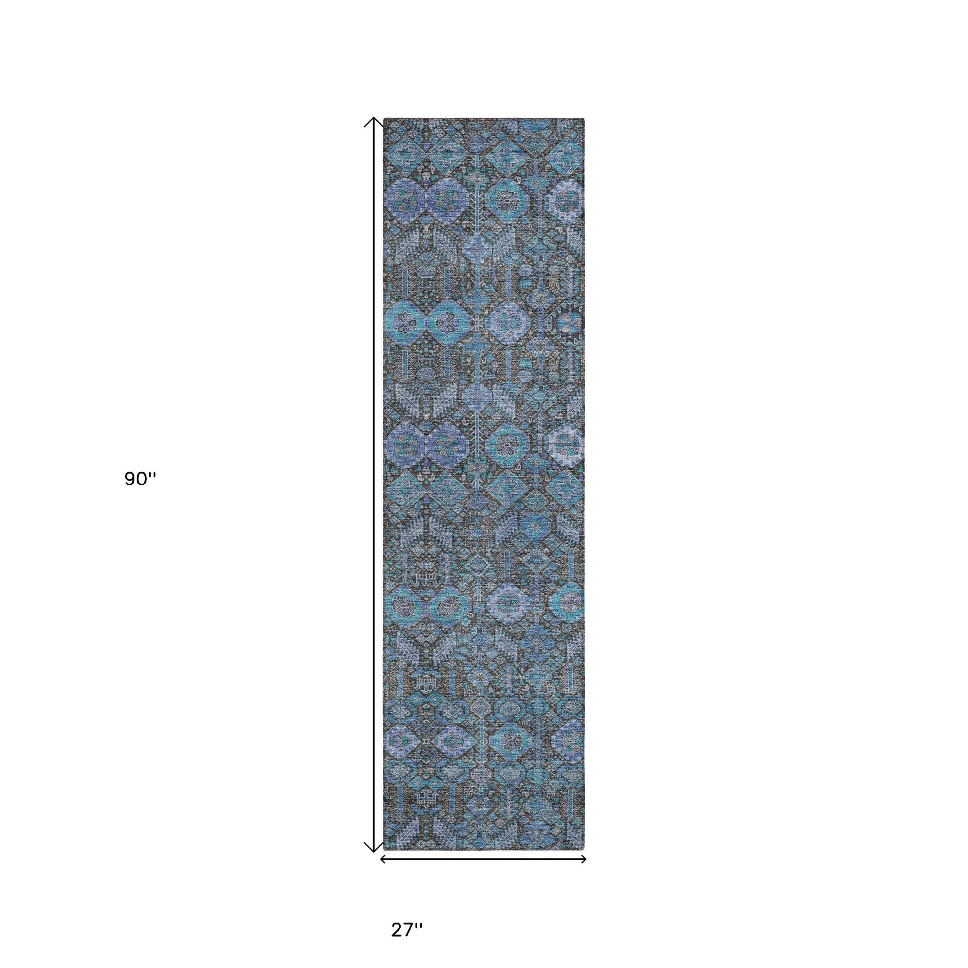 8' Runner Blue and Coffee Floral Washable Non Skid Indoor Outdoor Runner Rug-2