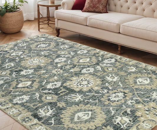 5' X 8' Gray Ivory And Beige Wool Floral Medallion Hand Hooked Area Rug-0