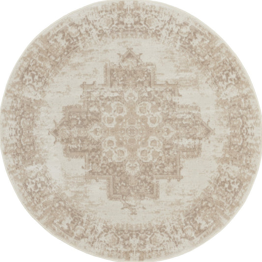 5' Ivory Floral Power Loom Worn Faded Round Rug-0