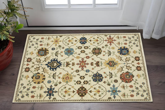 2' X 3' Ivory And Gold Oriental Area Rug With Fringe-0