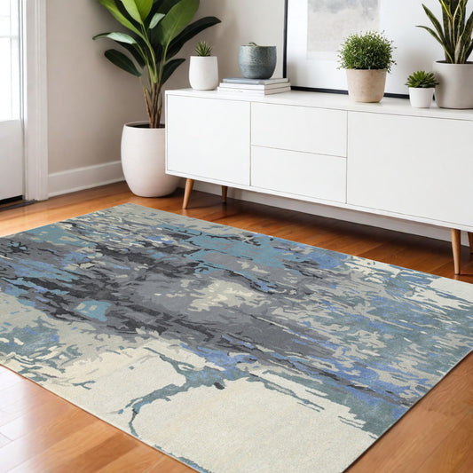 4' X 6' Blue And Gray Abstract Hand Tufted Area Rug-0