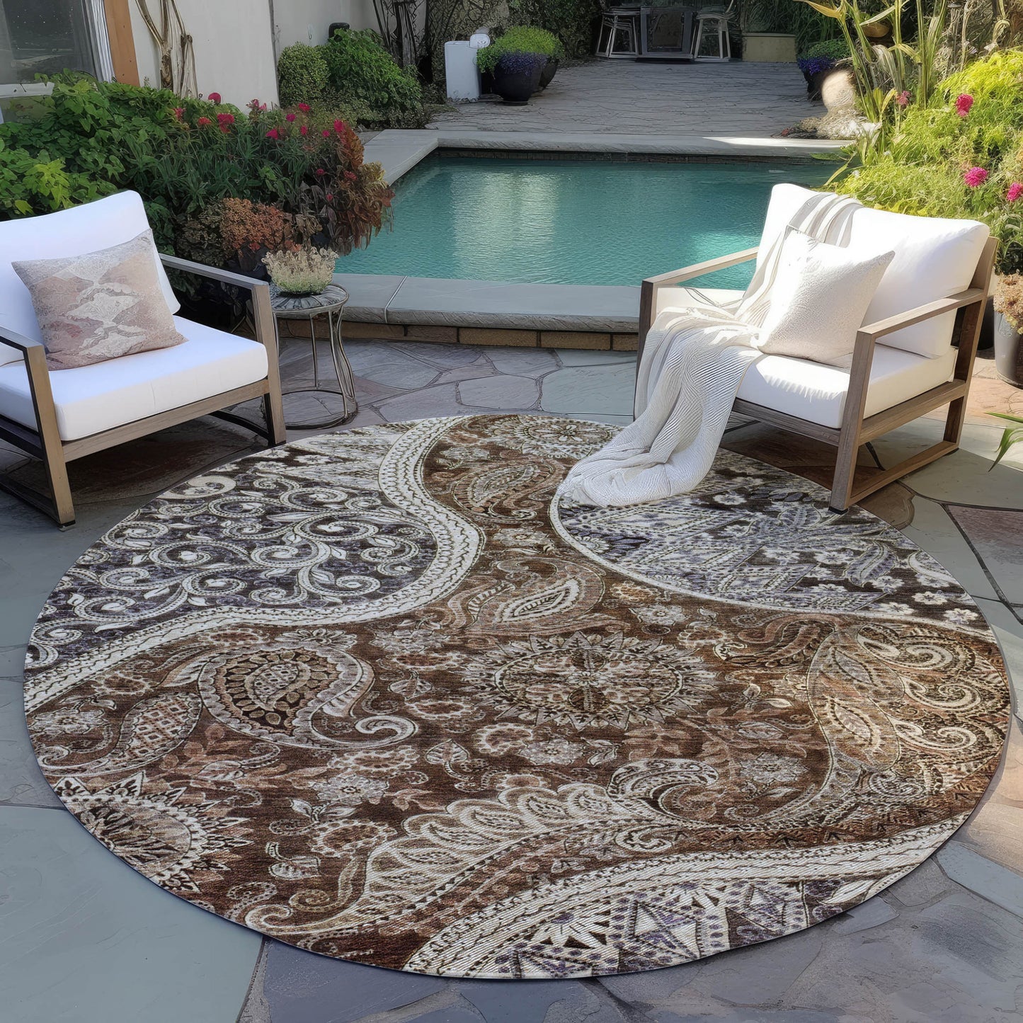 8' Brown Beige And Tan Round Floral Medallion Washable Indoor Outdoor Area Rug-5