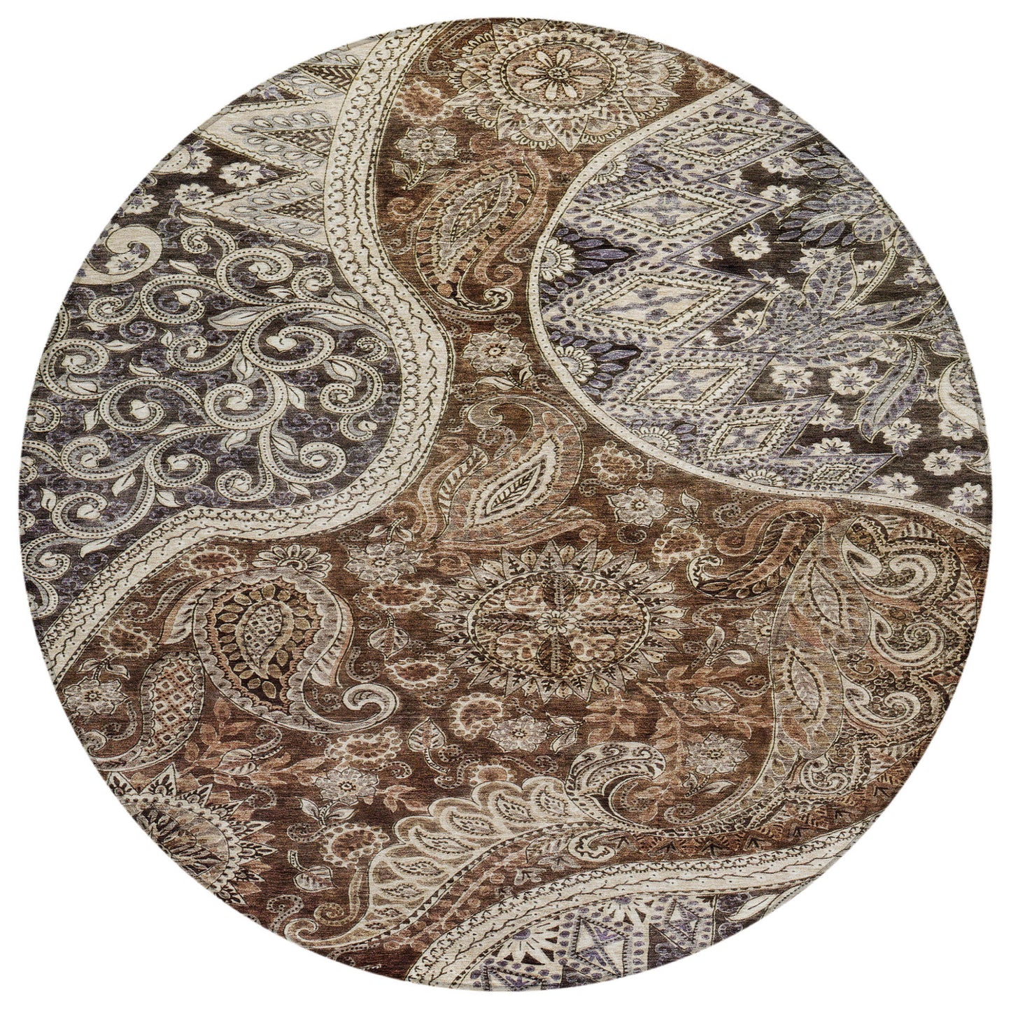 8' Brown Beige And Tan Round Floral Medallion Washable Indoor Outdoor Area Rug-1