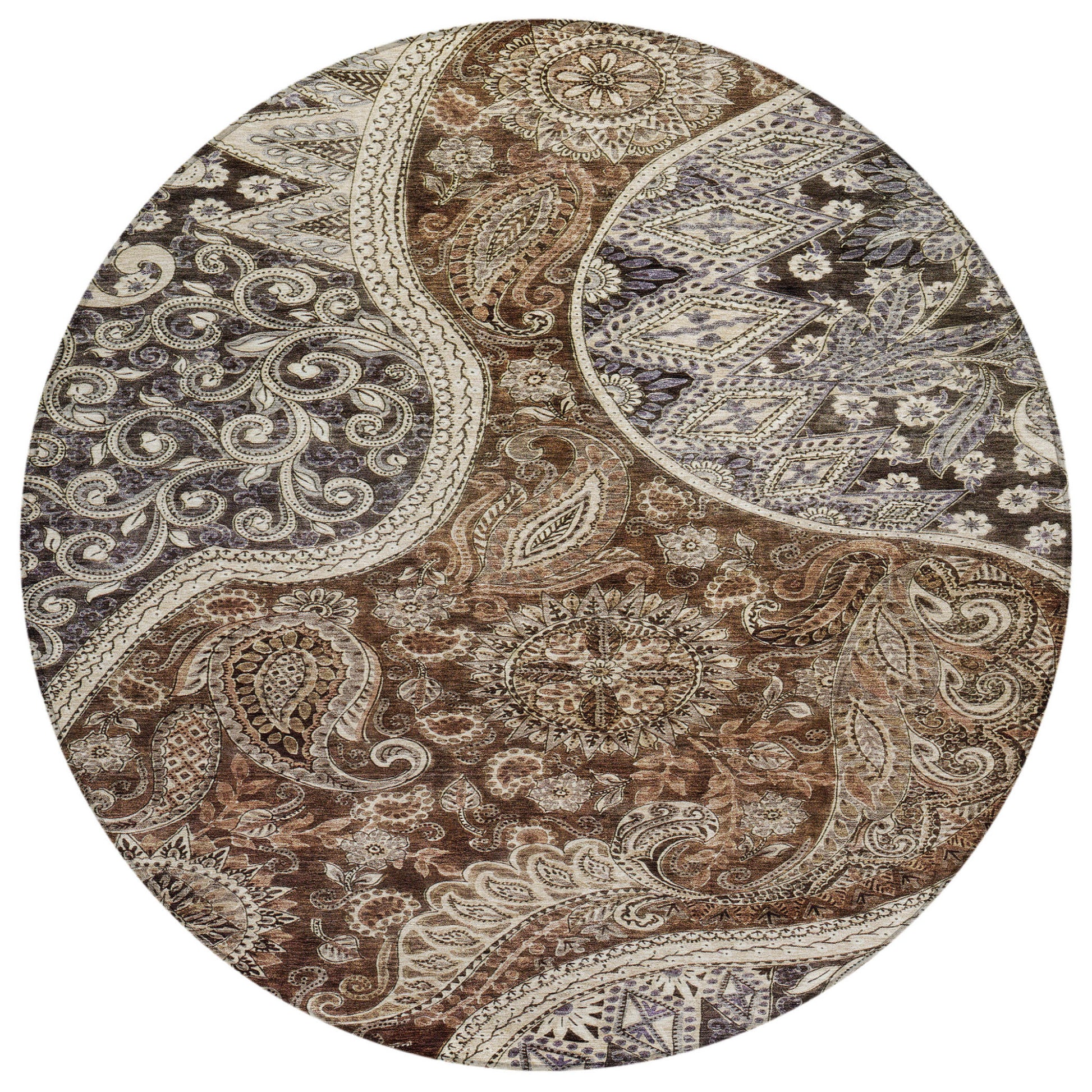 8' Brown Beige And Tan Round Floral Medallion Washable Indoor Outdoor Area Rug-1