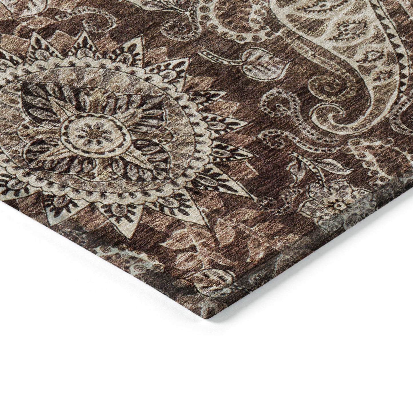 8' Brown Beige And Tan Round Floral Medallion Washable Indoor Outdoor Area Rug-3