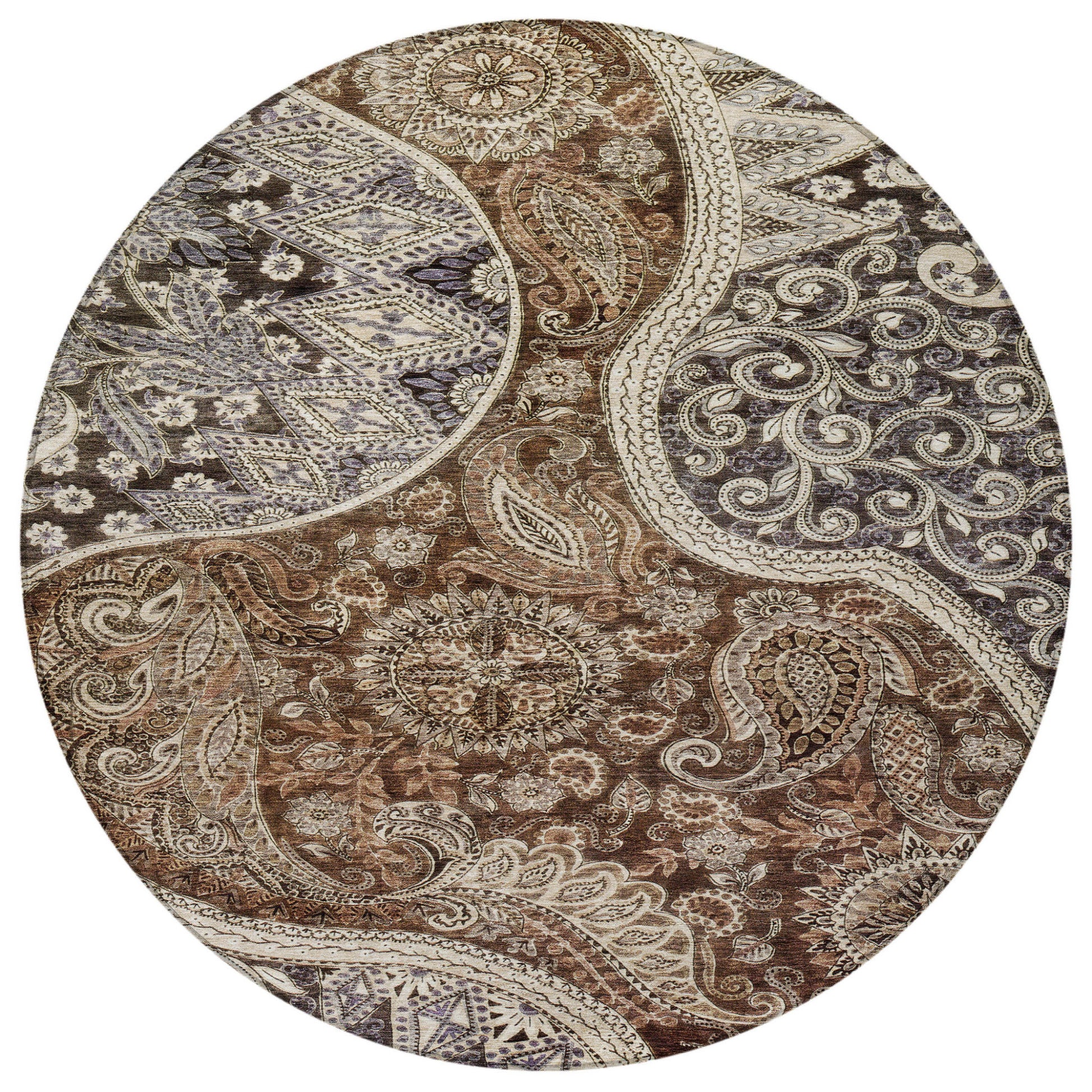 8' Brown Beige And Tan Round Floral Medallion Washable Indoor Outdoor Area Rug-4