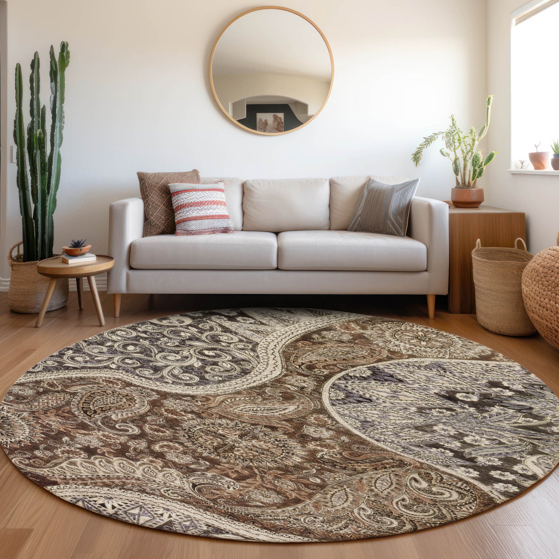 8' Brown Beige And Tan Round Floral Medallion Washable Indoor Outdoor Area Rug-6