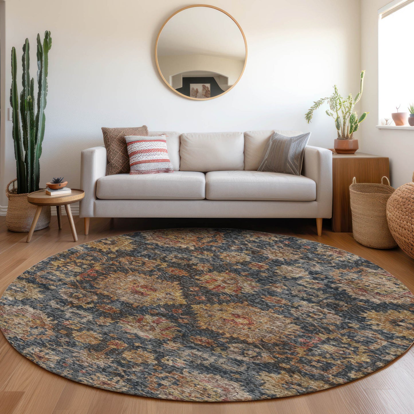 8' Navy Blue Brown And Terra Cotta Round Damask Washable Indoor Outdoor Area Rug-7