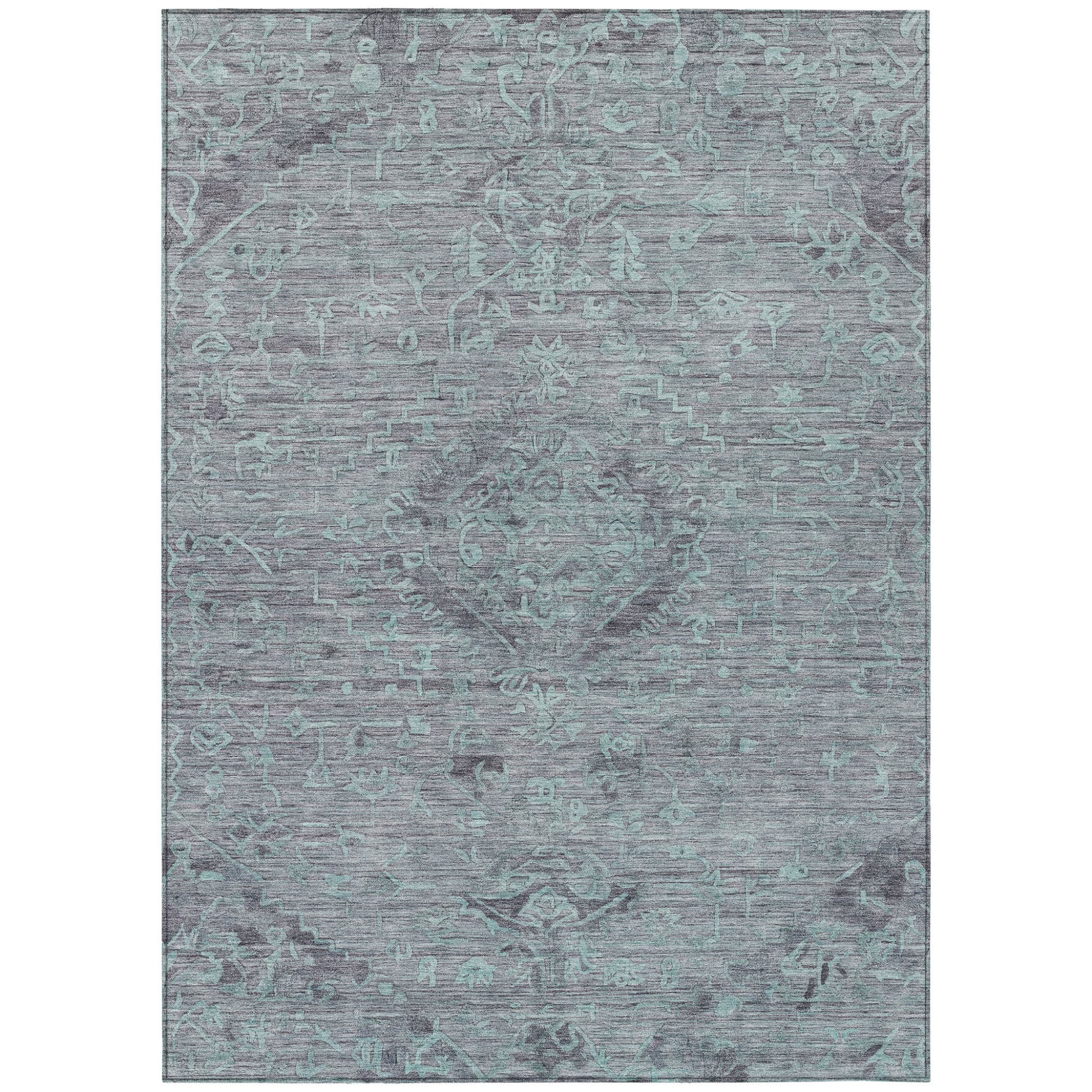 3' X 5' Teal Blue And Gray Floral Washable Indoor Outdoor Area Rug-1
