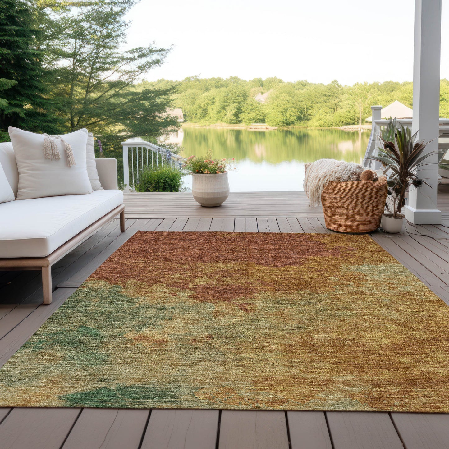 3' X 5' Terra Cotta Copper And Green Abstract Washable Indoor Outdoor Area Rug-6
