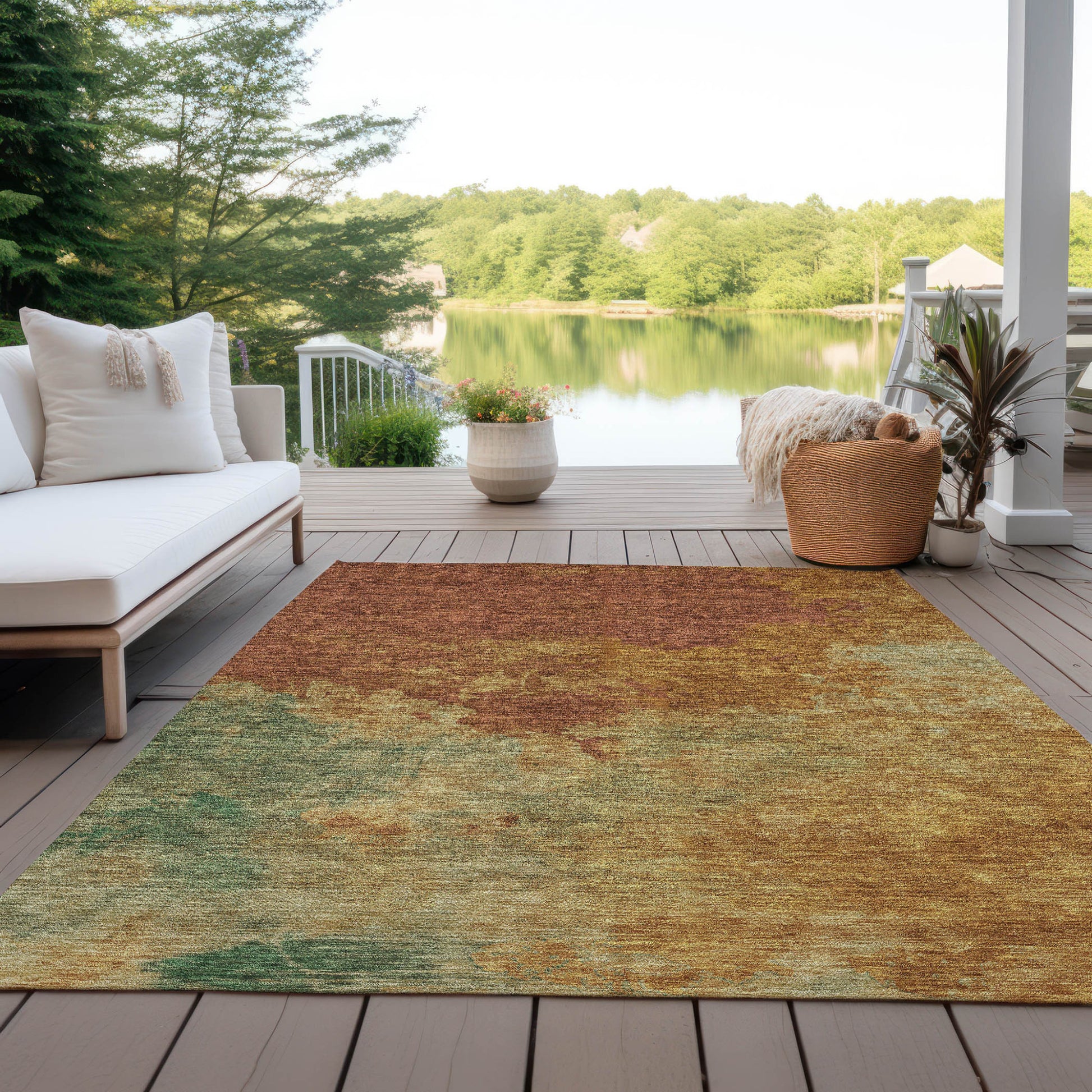 3' X 5' Terra Cotta Copper And Green Abstract Washable Indoor Outdoor Area Rug-6
