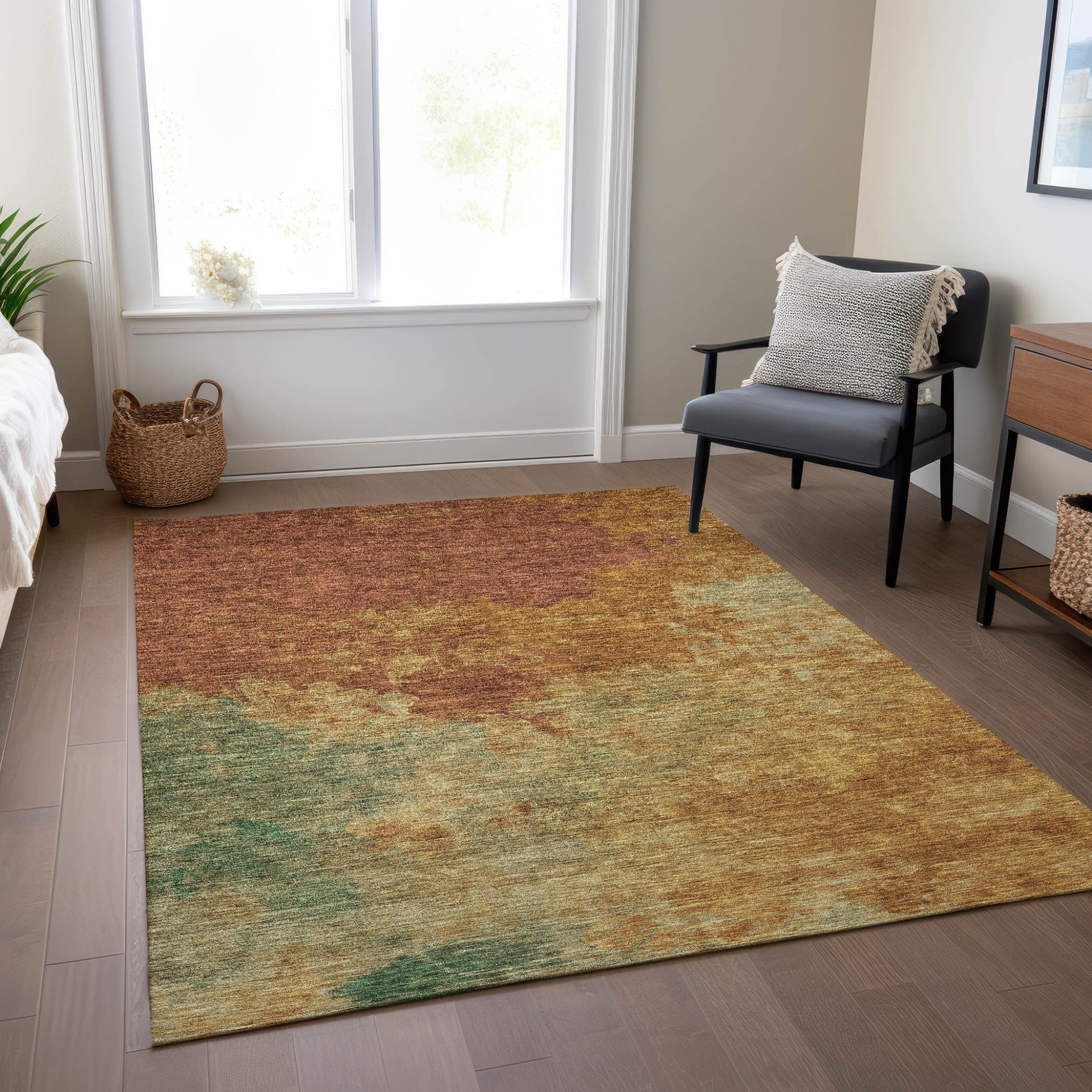 3' X 5' Terra Cotta Copper And Green Abstract Washable Indoor Outdoor Area Rug-8