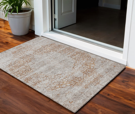 3' X 5' Copper And Beige Floral Washable Indoor Outdoor Area Rug-0