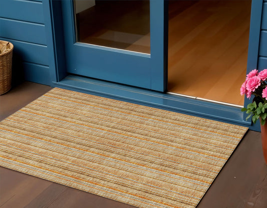 3' X 5' Peach Orange And Rust Striped Washable Indoor Outdoor Area Rug-0