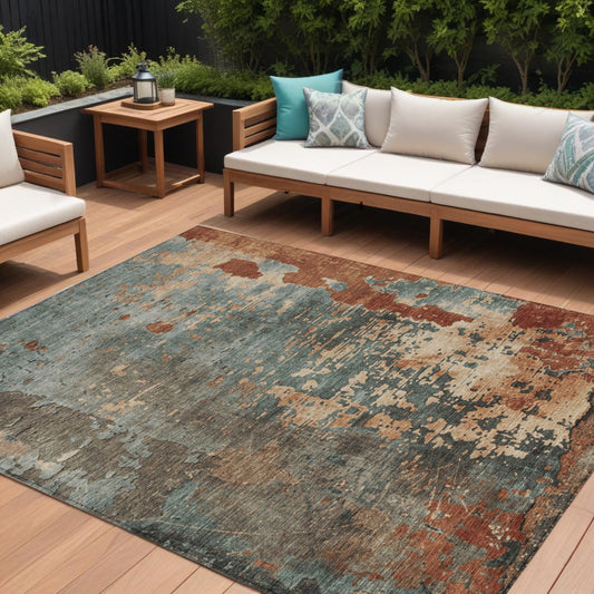 8' X 10' Pale Aqua Copper And Beige Abstract Washable Indoor Outdoor Area Rug-0