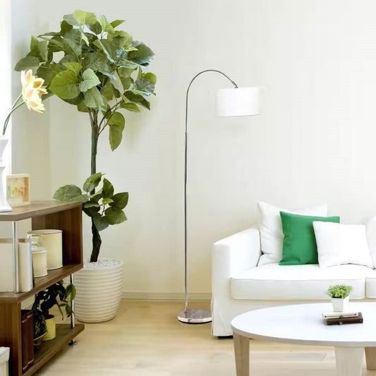Modern Mid-Century Floor Lamp in Brushed Nickel Finish with White Drum Shade-0
