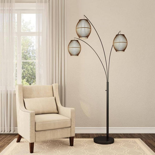Modern Mid-Century Bohemian 82-inch Arch Floor Lamp with 3 Barrel Lights-0
