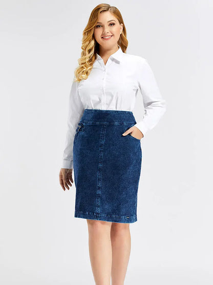 Plus Size High Waist Denim A-Line Skirt – Blue